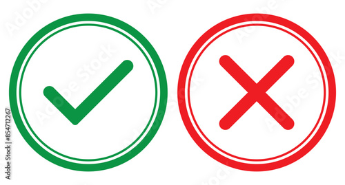 Tick and cross checkmark icon. Check mark and wrong mark icon design. Yes and no buttons. Set of red X and green check mark icons. Vector illustration.