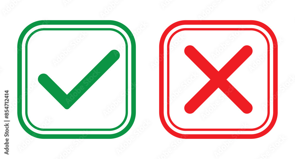 Check mark and wrong mark icon design. Tick and cross checkmark icon with stroke line. Yes and no buttons. Set of red X and green check mark icons. Vector illustration. Check mark and wrong mark icon design. Tick and cross checkmark icon with stroke line. Yes and no buttons. Set of red X and green check mark icons. Vector illustration.