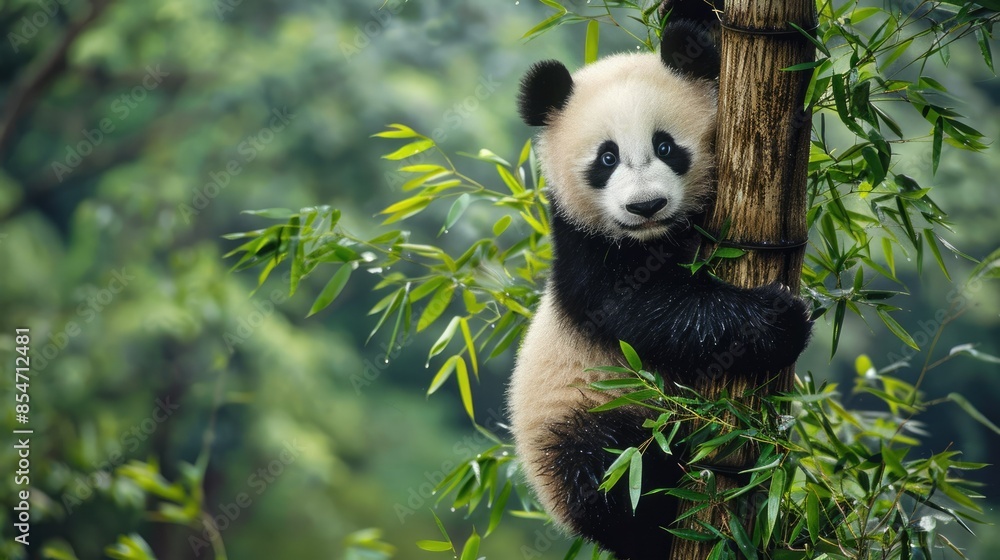 Obraz premium Photograph of a playful panda bear cub climbing a bamboo tree, its black and white fur contrasting against the lush green foliage.