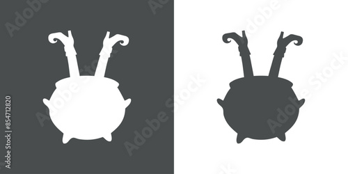 Logo Halloween. Silueta de piernas de bruja con botas y medias en el interior de un caldero de bruja para tarjetas y felicitaciones