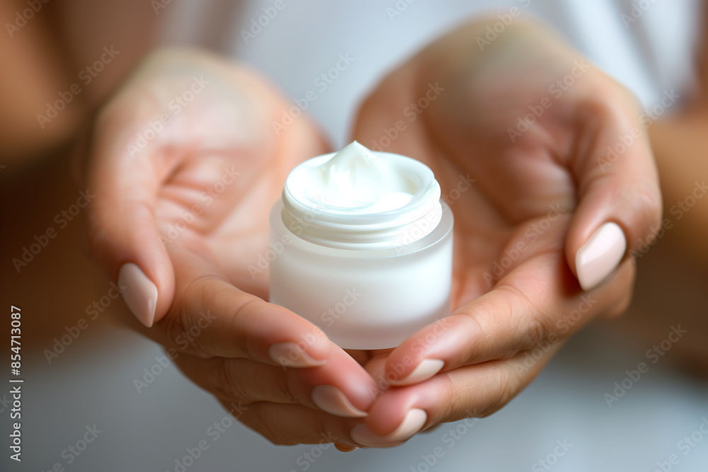 Close-Up of Hands Holding Open Jar of Face Cream in Soft Light Close-Up of Hands Holding Open Jar of Face Cream in Soft Light