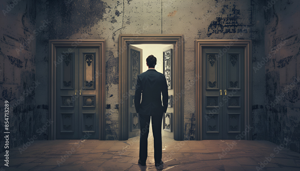 Fototapeta premium man in doubt in front of three open doors