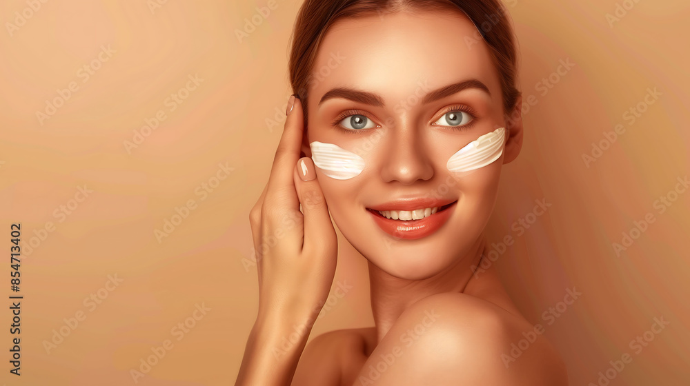 Radiant Woman with Smooth Skin Applying Face Cream on Cheek Radiant Woman with Smooth Skin Applying Face Cream on Cheek