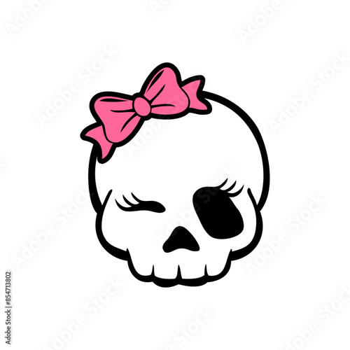Calavera de mujer. Logo de calavera humana femenina guiñando un ojo con nudo de lazo para invitaciones y tarjetas de Halloween
