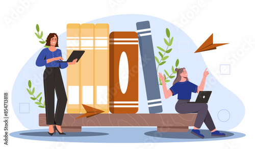 People with electronic books. Women with laptops sit near textbooks. Education, learning and training on Internet. Digital library. Cartoon flat vector illustration isolated on white background