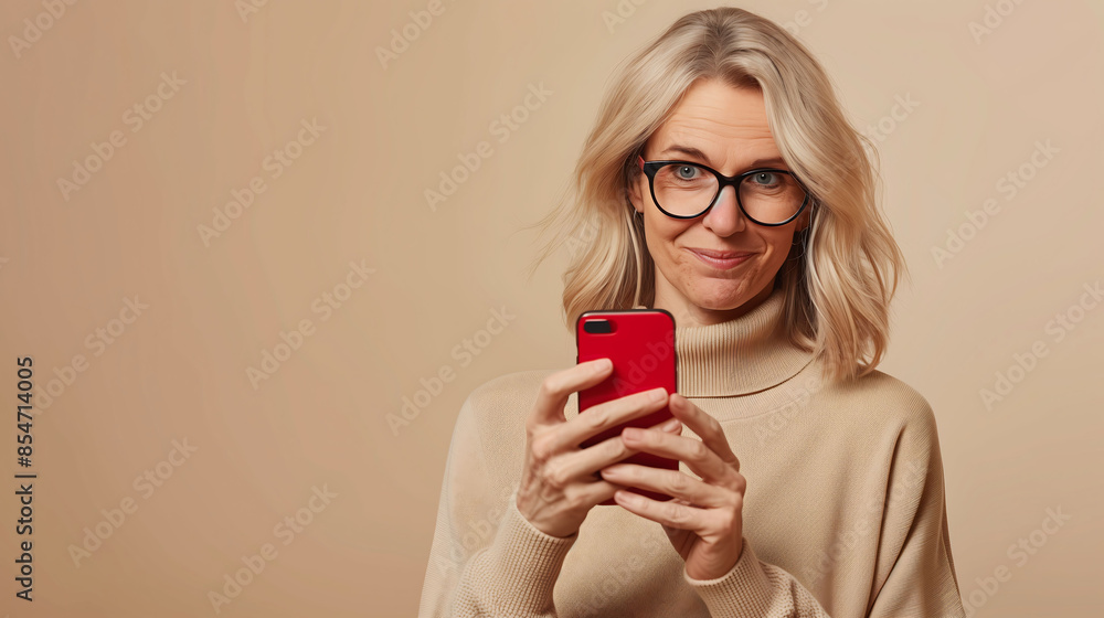 Stylish Woman in Glasses Looking at Smartphone with Curious Expression Stylish Woman in Glasses Looking at Smartphone with Curious Expression