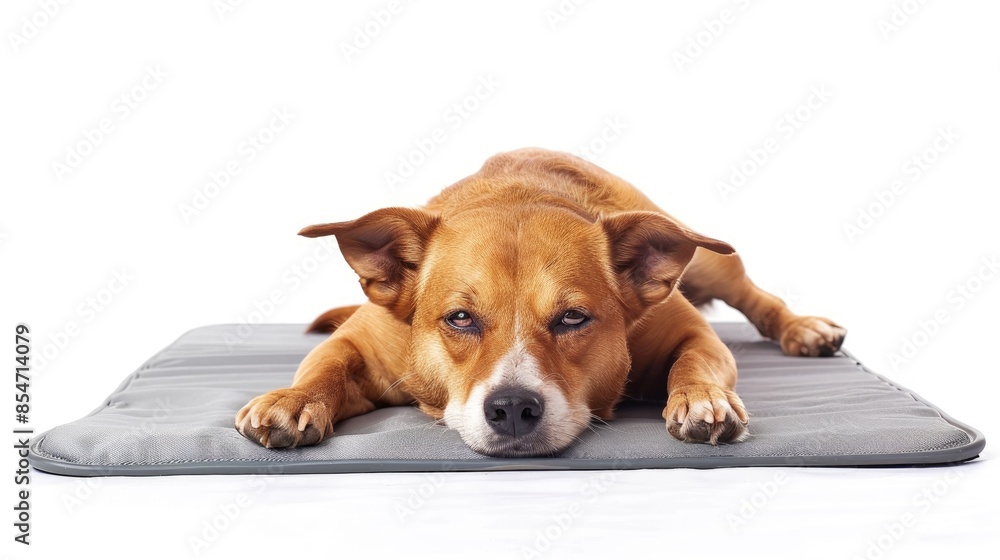 Pet sitting Content mixed breed dog resting on cooling mat in hot weather blank white backdrop room for text Pet sitting Content mixed breed dog resting on cooling mat in hot weather blank white backdrop room for text