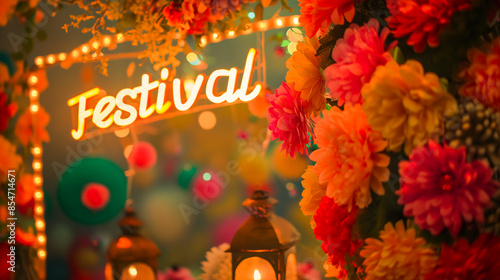 Wallpaper Mural Neon sign with the word Festival surrounded by flowers. Torontodigital.ca