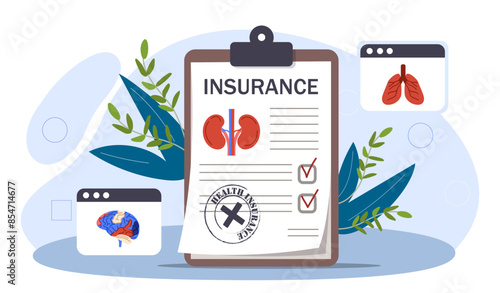 Medical document concept. Medical insurance and finacial deal and agreement. Healthcare and medicine, treatment. Patient health report. Cartoon flat vector illustration isolated on white background