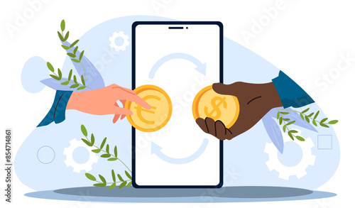 Money transfer at smartphone. Hands with gold coins near mobile phone. Digital transactions and cashless payment. Banking application. Cartoon flat vector illustration isolated on white background