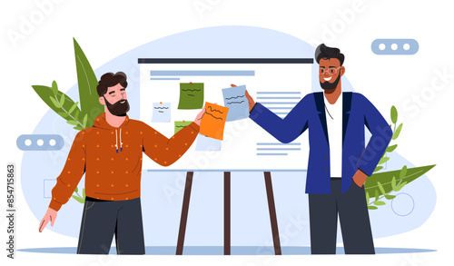 Scrum board concept. Employees with to do lists with tasks. Organizing efficient work process and time management. Collaboration and cooperation, teamwork. Cartoon flat vector illustration