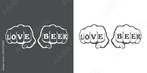 Logo cervecería. Oktoberfest. Tatuaje texto love beer en dedos de puños cerrados