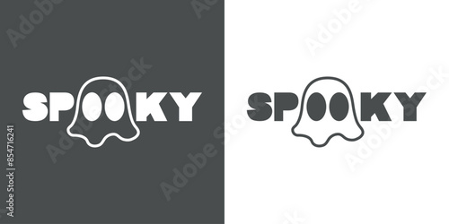 Logo con fantasma para invitaciones y tarjetas de Halloween. Silueta de fantasma con palabra Spooky con ojos en lugar de letra O