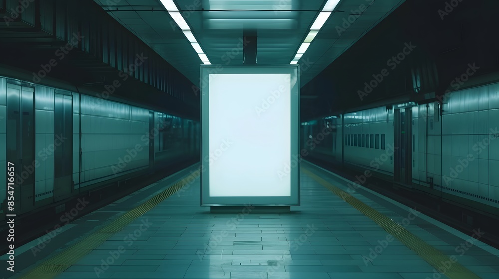 Empty subway station with a blank advertisement screen, illuminated by overhead lights, creating a modern and futuristic atmosphere. Empty subway station with a blank advertisement screen, illuminated by overhead lights, creating a modern and futuristic atmosphere.