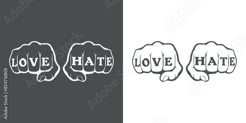 Logo emociones y sentimientos. Tatuaje palabras Love Hate en dedos de puños cerrados