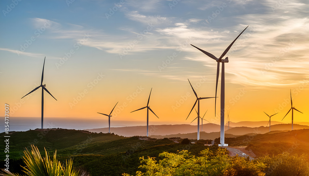 Obraz premium Wind turbines rise on hills under a clear sky, harnessing energy at dawn with copy space area.