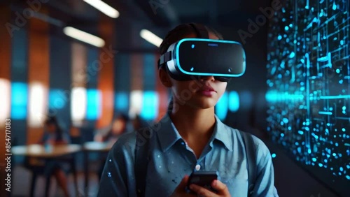 A young woman is wearing a virtual reality headset and holding a controller in her hand. She is standing in a room that is lit by blue and purple lights. photo