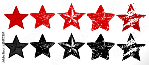 grunge star set isolated on white. vintage grungy old retro aged stars for review, feedback, stars, medal, stamp, award, performance etc conceptual use.