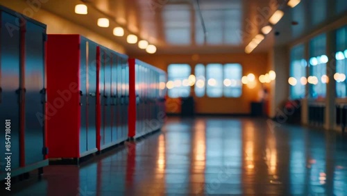 The video is slightly blurred. It is a long hallway with lockers on both sides. The lockers are mostly blue with some red ones. The floor is tiled and there are lights in the ceiling. photo