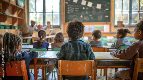 Children attentively listening to teacher in a diverse classroom setting