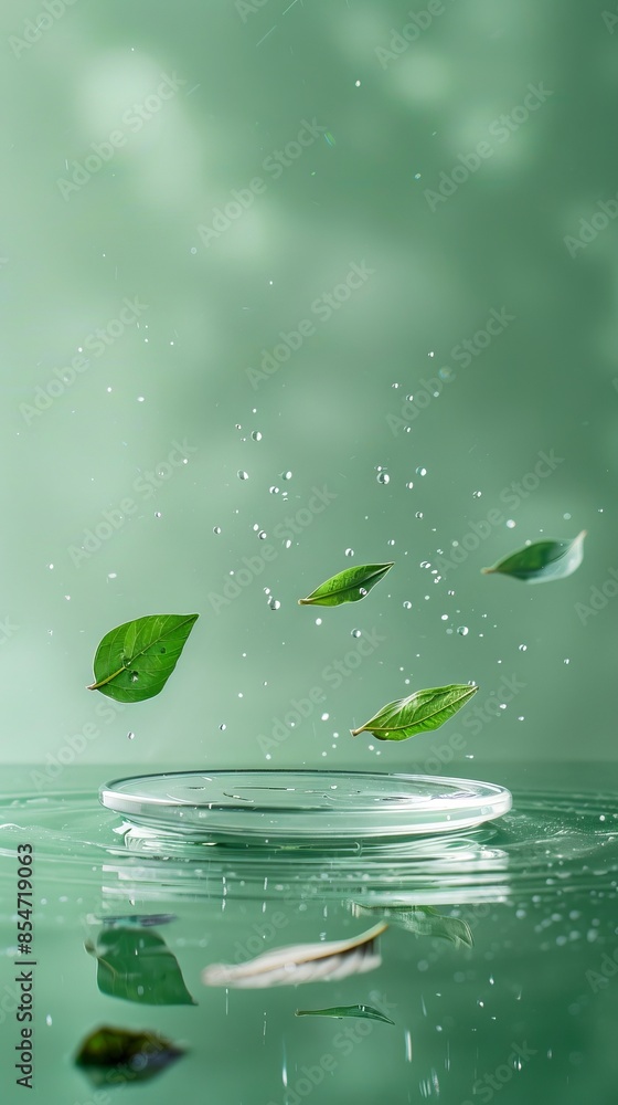 A leaf falling into water on a green background. A leaf falling into water on a green background.