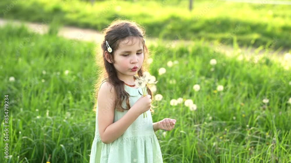 Little cute girl in green dress blowing white dandelions, summer holidays, nature, beautiful light. High quality FullHD footage Little cute girl in green dress blowing white dandelions, summer holidays, nature, beautiful light. High quality FullHD footage