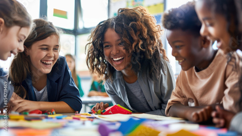 Group of diverse children laughing and playing together in a colorful classroom setting