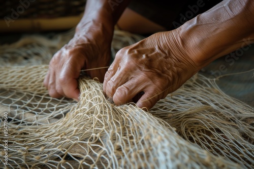 Traditions of sailors: The hands of an experienced grandfather and the repair of fishing nets