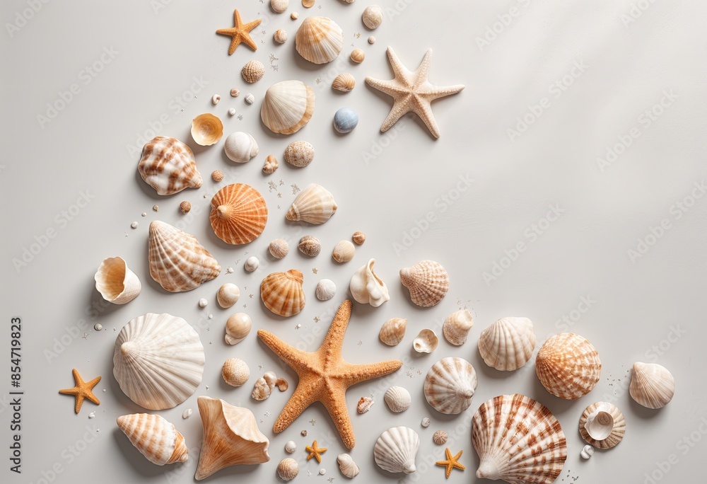 Sea shells and starfish on sand background with place for your text Sea shells and starfish on sand background with place for your text
