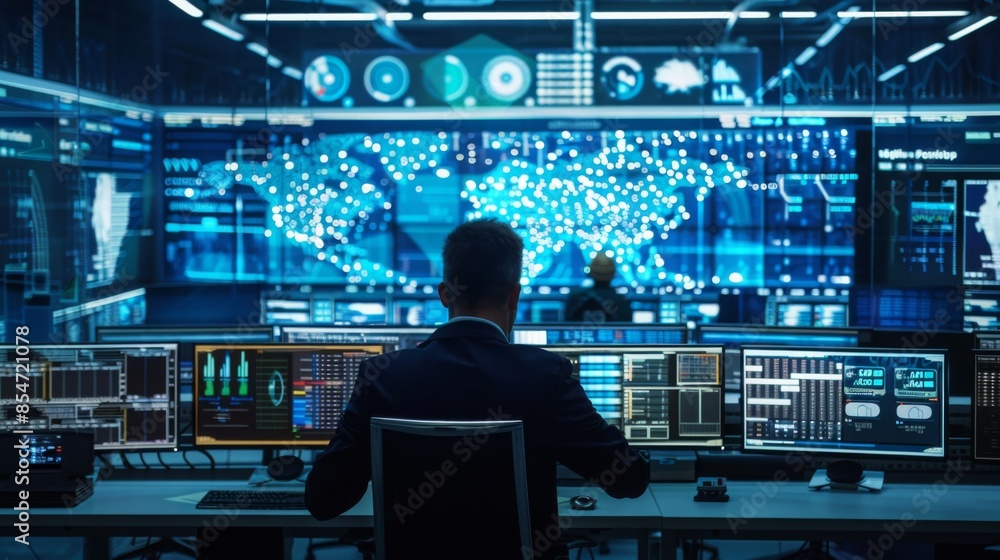 A man sits in front of multiple computer monitors, working in a data center. The screens display data and graphs, and a large monitor in the background shows a map of the world with data points. A man sits in front of multiple computer monitors, working in a data center. The screens display data and graphs, and a large monitor in the background shows a map of the world with data points.