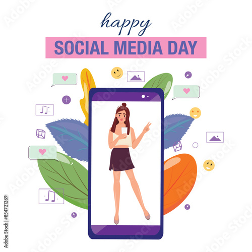 Screen displaying a cheerful teenage girl using her cellphone and showing a peace sign with one hand. Happy Social Media Day illustration photo