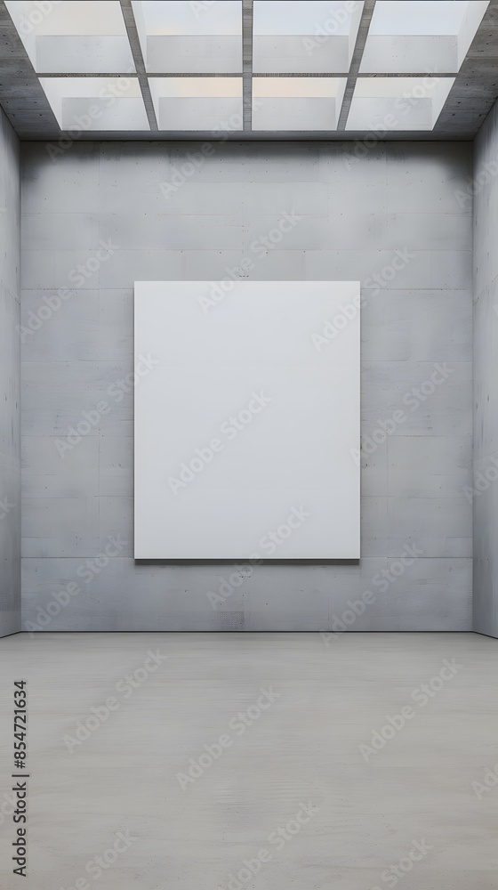 Minimalistic gallery with a blank canvas on a concrete wall under natural light through a grid ceiling. Perfect for showcasing artwork and design. Minimalistic gallery with a blank canvas on a concrete wall under natural light through a grid ceiling. Perfect for showcasing artwork and design.