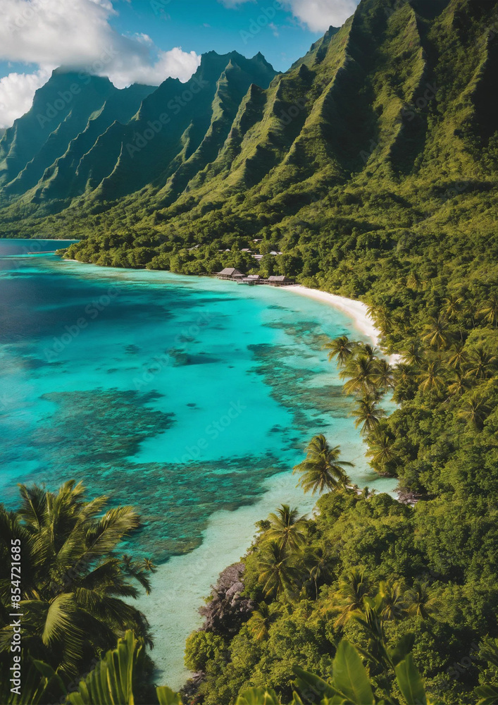 Fototapeta premium Watercolor print,Hawaiian Beach Bungalow View Art, Mid-Century Modern Digital Print, Tropical Landscape, Serene Sunset Decor, Hawaiian Beach Bungalow View Art, Mid-Century Modern Digital Print