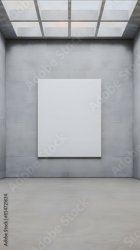 Minimalistic gallery with a blank canvas on a concrete wall under natural light through a grid ceiling. Perfect for showcasing artwork and design.