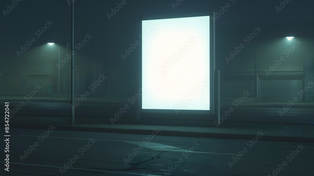 Misty night street with illuminated blank billboard and street lights. Perfect for advertising or urban scene concepts. Misty night street with illuminated blank billboard and street lights. Perfect for advertising or urban scene concepts.