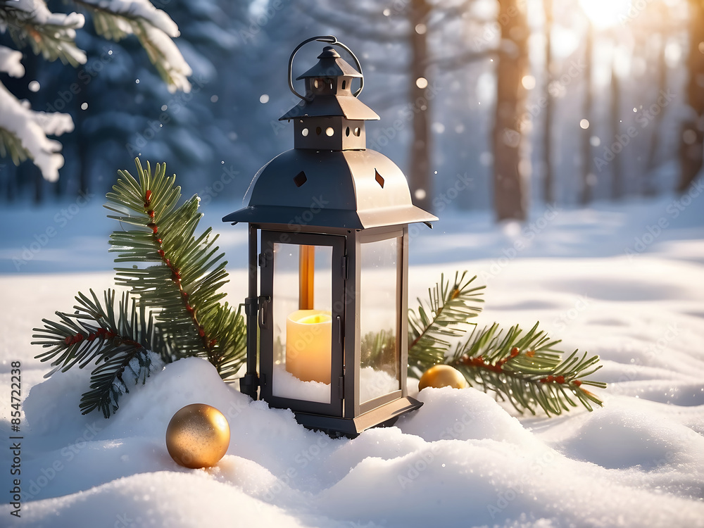 Christmas Lantern On Snow With Fir Branch in the Sunlight. Winter Decoration Background design Christmas Lantern On Snow With Fir Branch in the Sunlight. Winter Decoration Background design