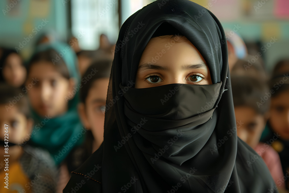 young girl wearing a black hijab and niqab sits in a classroom, focusing intently. Other children are blurred in the background, indicating a school setting. Portrays education and cultural diversity young girl wearing a black hijab and niqab sits in a classroom, focusing intently. Other children are blurred in the background, indicating a school setting. Portrays education and cultural diversity