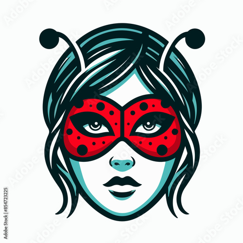 A girl women with a red mask and dark blue hair Large size of emoji face