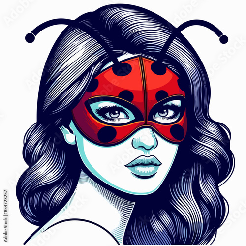 A girl women with a red mask and dark blue hair Large size of emoji face