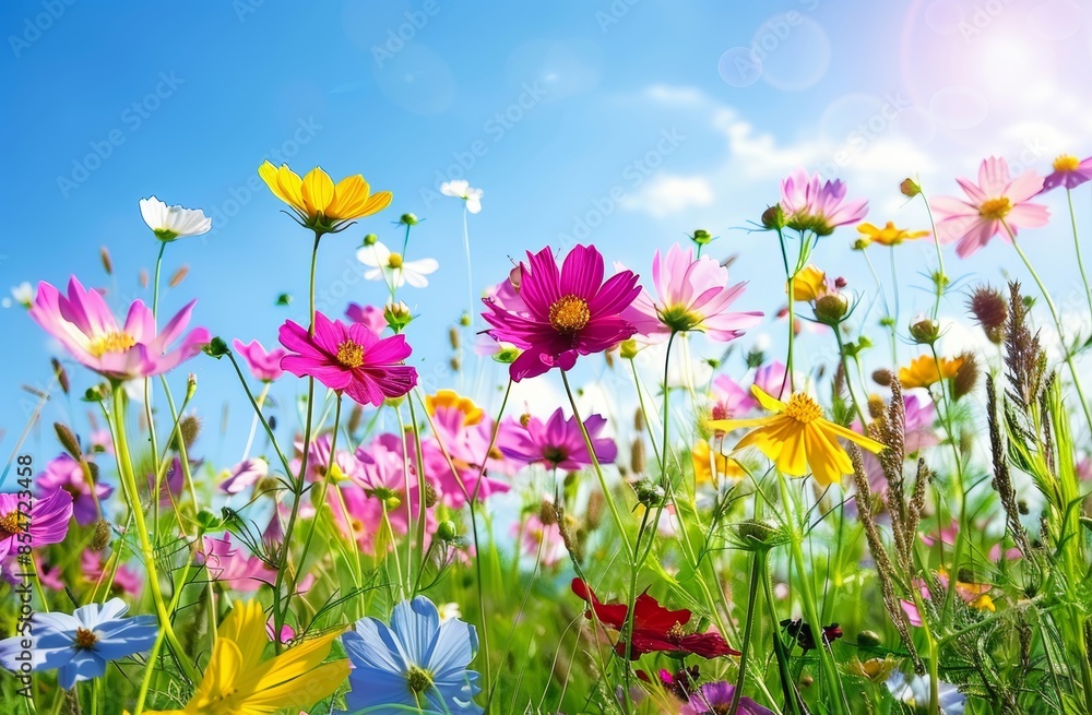 Obraz premium campo de flores colorido con un cielo azul