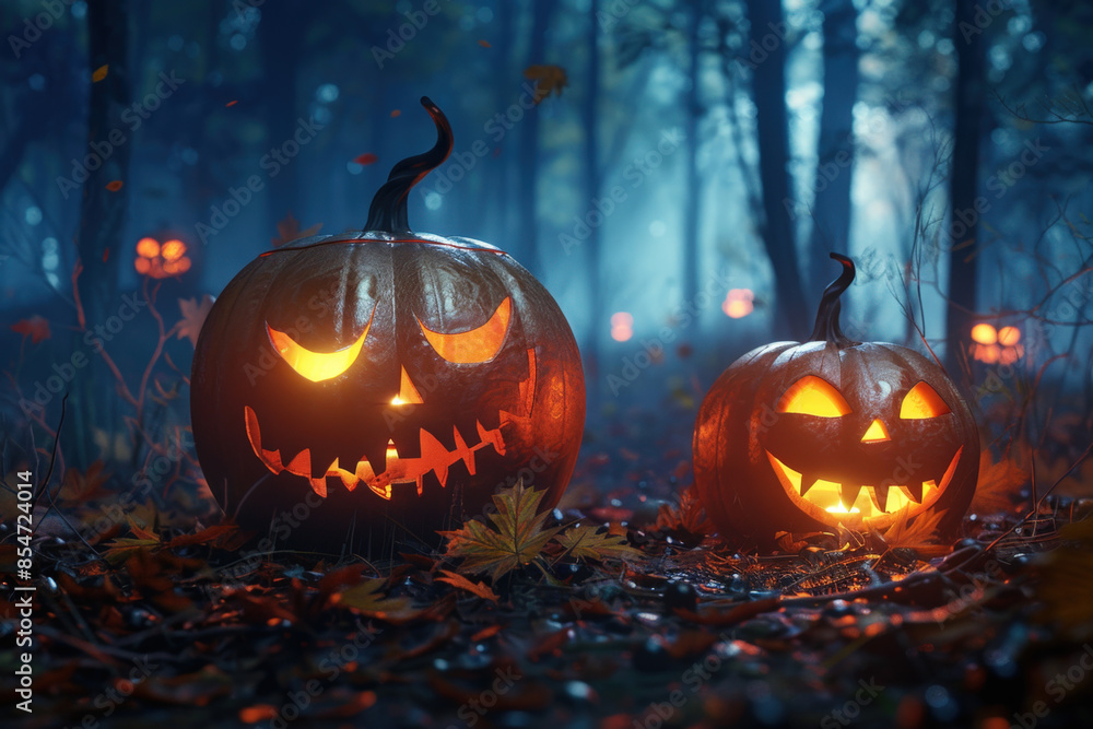 Halloween pumpkins with glowing eyes in a spooky forest at night, creating a mystical and haunting atmosphere Halloween pumpkins with glowing eyes in a spooky forest at night, creating a mystical and haunting atmosphere
