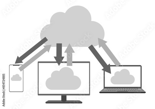 クラウドストレージで複数の機器のデータを利用するモノクロイラスト