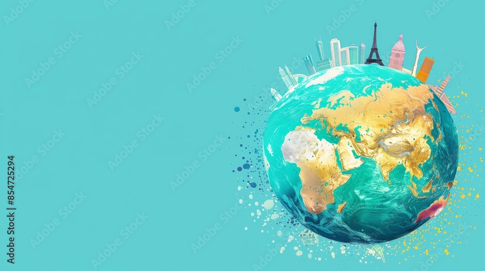 Naklejka premium A painted globe with colorful icons of landmarks around the world on a blue background