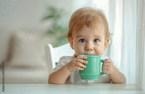 A cute baby drinking from the green cup, sitting in high chair, white background, bright and warm colors
