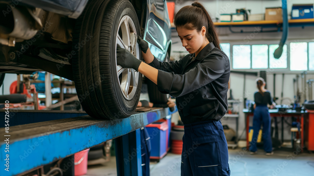Female mechanic and her apprentice replacing a car tire in an auto repair shop. Female mechanic and her apprentice replacing a car tire in an auto repair shop.