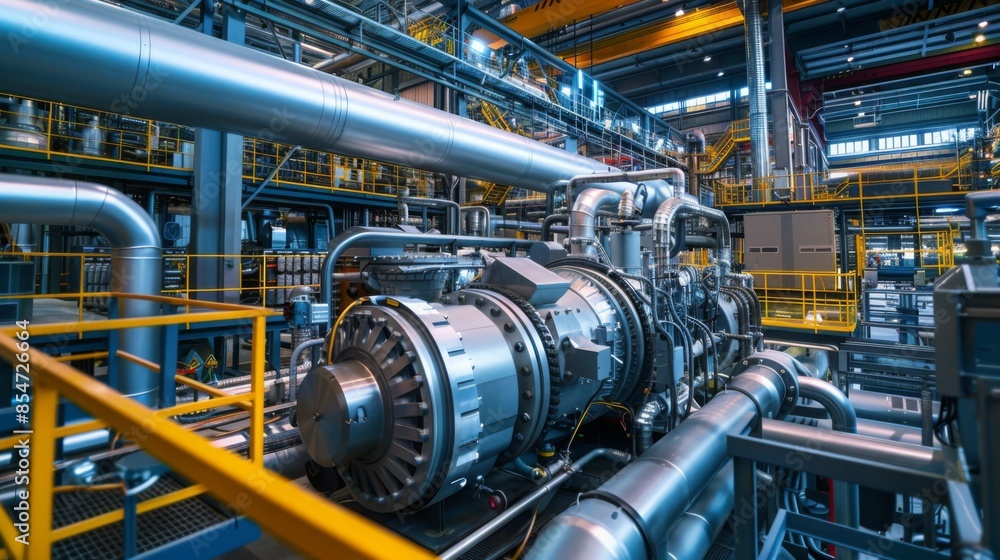 A close-up view of a large industrial turbine inside a modern factory, surrounded by pipes and machinery. A close-up view of a large industrial turbine inside a modern factory, surrounded by pipes and machinery.