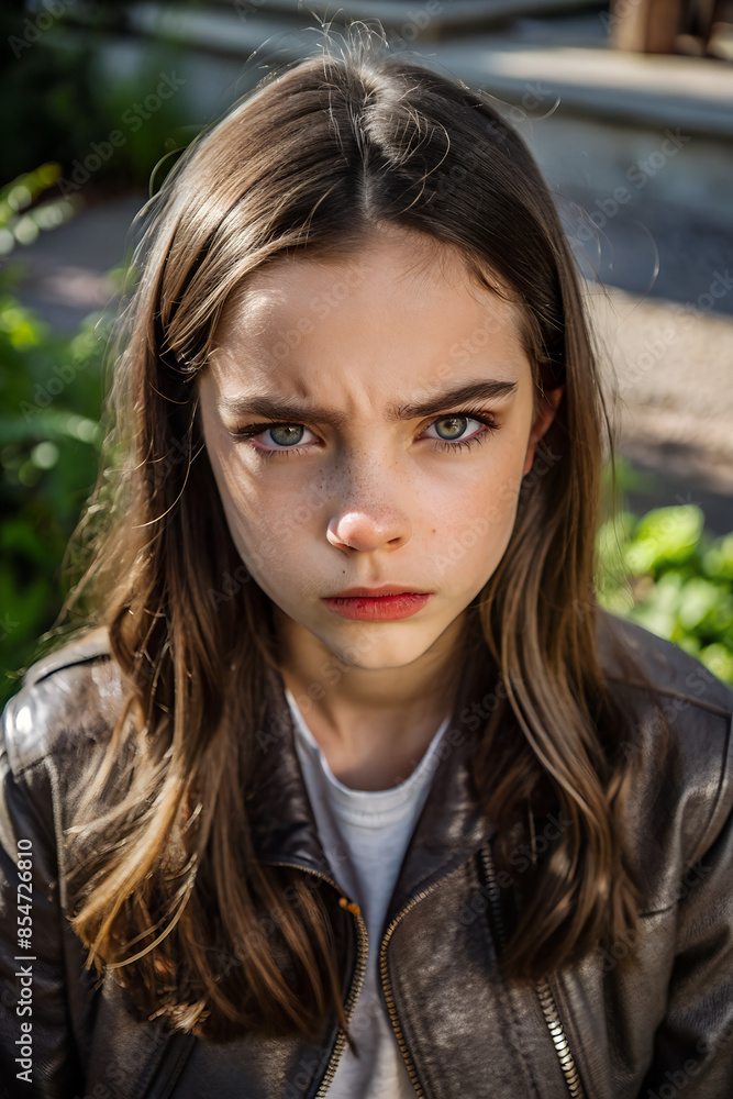 a teenage a girl with a deep scowl, eyes narrowed, and lips pressed tightly together, capturing bitterness a teenage a girl with a deep scowl, eyes narrowed, and lips pressed tightly together, capturing bitterness
