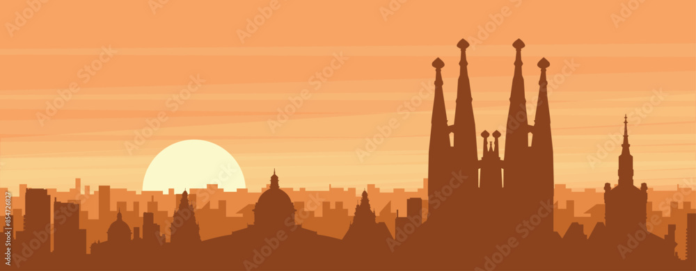 Naklejka premium Brown panoramic poster of the city skyline with misty background buildings, sunrise, clouds and mountains of BARCELONA, SPAIN