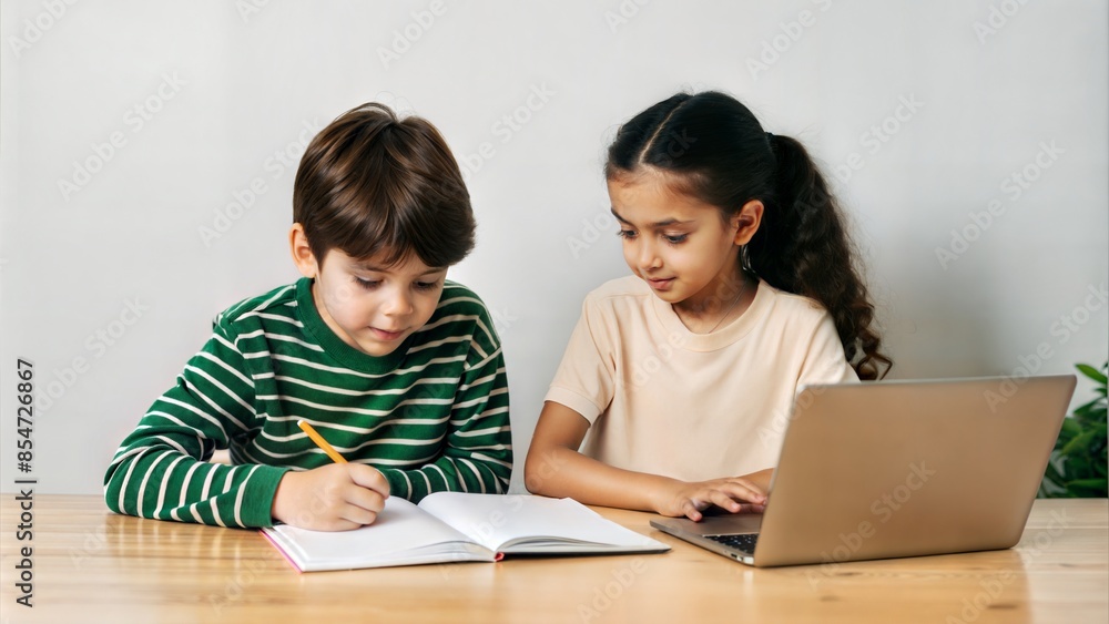 Two siblings sitting at a kitchen table, working on homework assignments together.
Two siblings sitting at a kitchen table, working on homework assignments together.