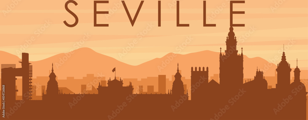 Brown panoramic poster of the city skyline with misty background buildings, sunrise, clouds and mountains of SEVILLE, SPAIN Brown panoramic poster of the city skyline with misty background buildings, sunrise, clouds and mountains of SEVILLE, SPAIN